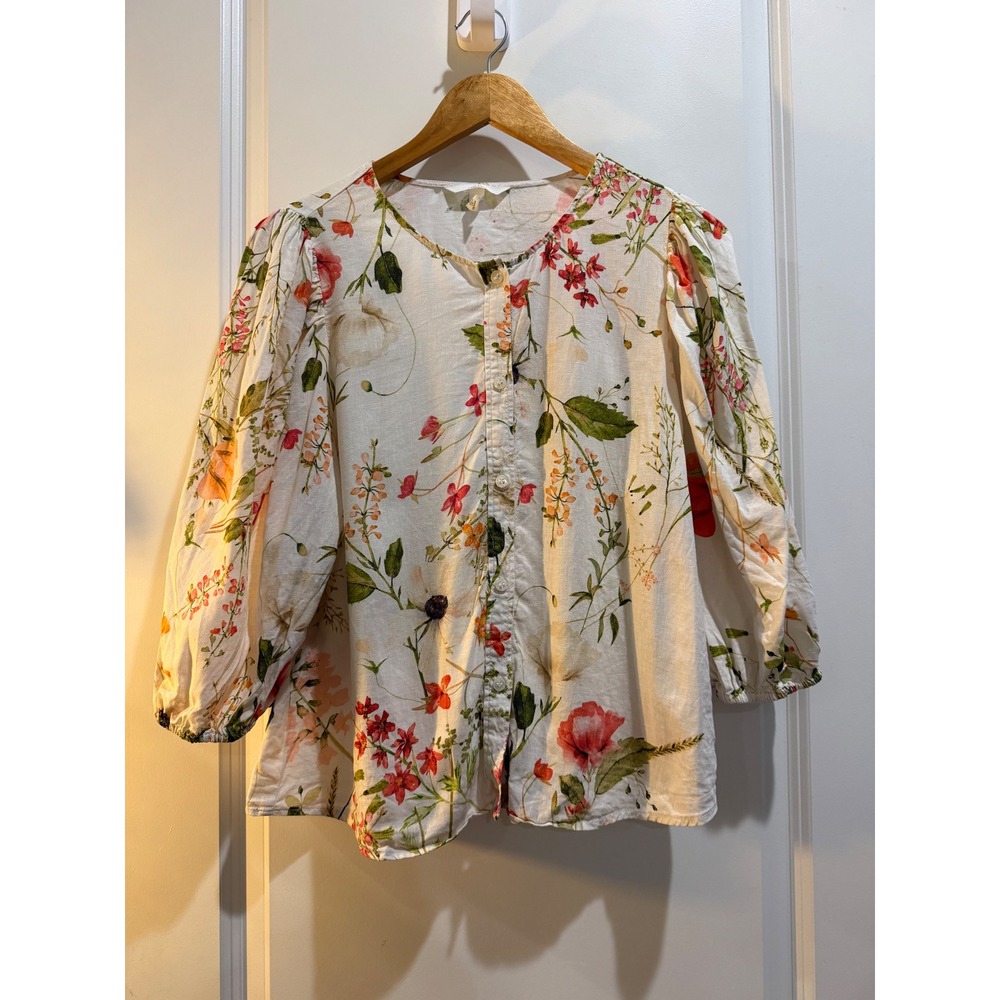 H&M Women L White Floral Linen Blend Puff Sleeve Button Front Blouse Cottagecore
